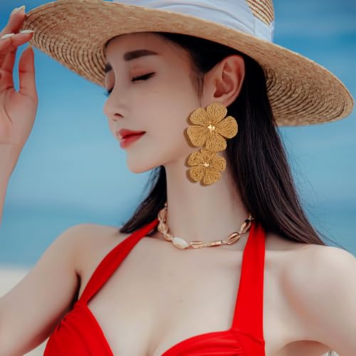 Image of Handmade Raffia Hoop Earrings Statement Tropical Bohemian Straw Dangle Earrings Natural Rattan Vacation Style Round Earrings for Women Summer Beach Party Essential Jewelry