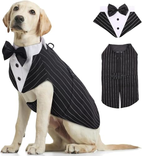 Image of Kuoser Dog Tuxedo, Dog Wedding Suit and Bandana Set, Pet Clothes Puppy Formal Shirt with Removable Bow Tie, Doggie Costume Small Medium Large Dogs Outfit for Party Birthday Festival