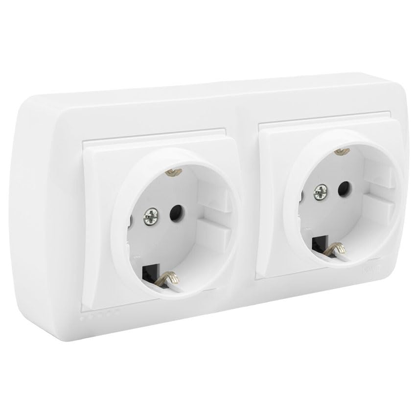 Base doble Schuko 2P+T blanca mural, ideal para instalaciones eléctricas y carga de dispositivos electrónicos.