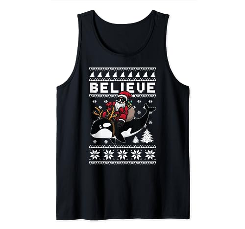 BELIEVE Santa Riding On Orca Whale Costume Funny Christmas Camiseta sin Mangas