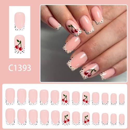 Image of Cherry Press on Nails White French Tip Fake Nails Polka dot Design Short Square Nail Press ons Reusable Nude Glossy Full Cover for Women Girls Manicure 24Pcs