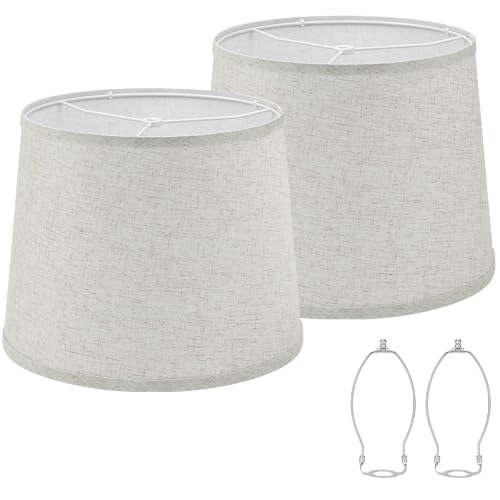 2 Pack Drum Lampshades, 11" Top x 13" Bottom x 10" High, Beige Lamp Shades | Medium Replacement Lamp Shades for Table/Floor/Wall Lamp, Farmhouse Line Lampshades, Spider Fitter, Easy Assembly Required
