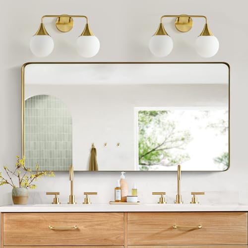 HAHZT Bathroom Vanity Light Fixtures: 2-Light Mid Century Farmhouse Bathroom Lighting Fixtures Over Mirror - Brushed Gold Wall Sconce with Frosted Globe Glass for Hallway Restroom by HAHZT - Used condition - Image 5