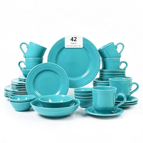 HomeVSS 42-Pc Pearl Dots Stoneware Dinnerware Set, Turquoise, Service for 6