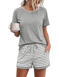 Litherday Schlafanzug Damen Kurz Baumwolle Pyjamas Set Nachtwäsche Set Zweiteiliger mit Damen Pyjamahose und Shirt Rundhals Elastischer Bund Taschen Sleepwear Sommer Grau L