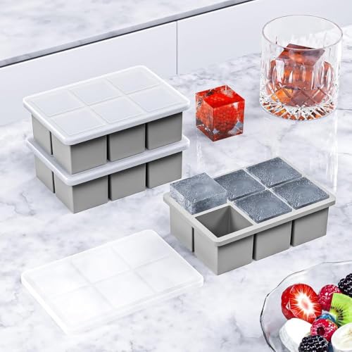 Image of Ice Cube Molds with Lid,Big Silicone Ice Cube Tray for Whiskey,2Inch Square Ice Cube Tray,Easy-Release Ice Mold,Giant Ice Cubes for Bourbon Cocktail (3, Grey)