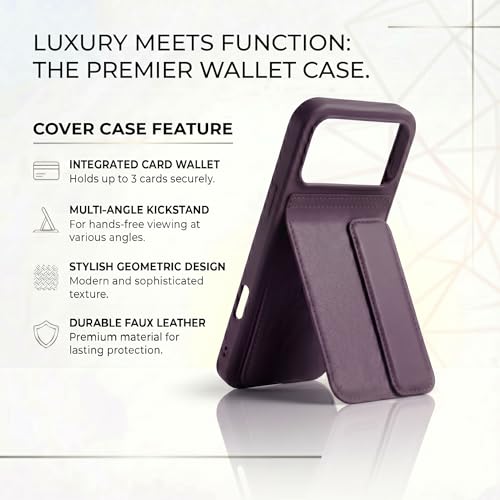 Image of amazon basics Luxury Vegan Leather Back Cover for iPhone 17 Pro | Built-in Card Holder Slot | Integrated Mobile Stand | Slim Shockproof Protective Case with Stitched Finish - Purple