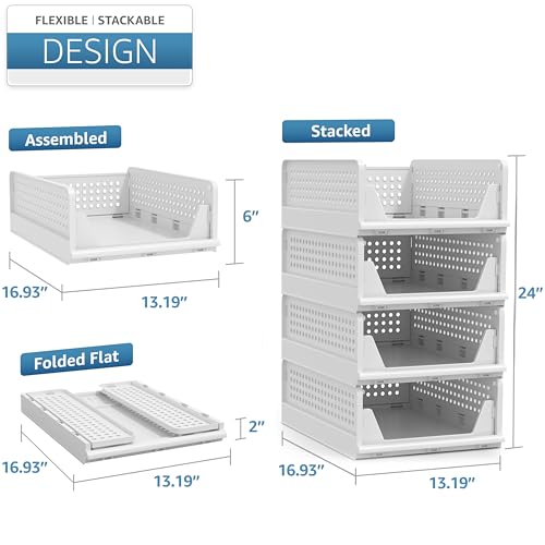 Image of Sorbus 4 Pack Folding Closet Shelf Organizer for Clothes, Versatile Stackable Storage Baskets for Closet, Bathroom, Kitchen and Garage with Easy Access Open Front Design, Plastic Organizer Shelves