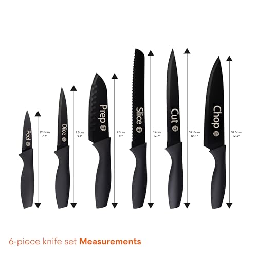 MasterChef Kitchen Knife Set with Covers, 6 Professional Chef Knives for Home Kitchens, Extra Sharp Cutting Stainless Steel Blades & Protective Sheaths, Soft-Touch Easy-Grip Handles, Essential Black by MasterChef - Image 7