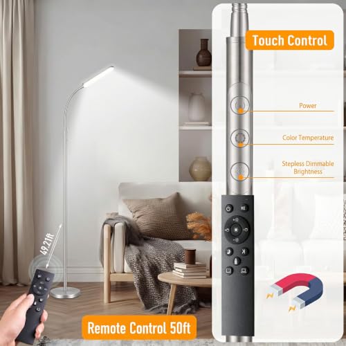 Image of marctronic Silver Modern Floor Lamp, 18W 1800LM Bright LED, Touch Control & Memory Function, Dimmable Timing Eye-Caring Lamp for Office /Bedroom