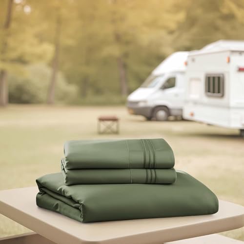 Image of Nestl Olive Green Short Queen Sheets for RV, Hotel Luxury RV Queen Sheets Set, 4 Piece Fitted Bed Sheet Set and Pillowcases, Super Soft, Wrinkle-Free, and Breathable Camper Bedding