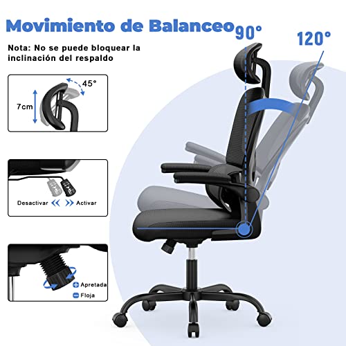 Miniatura 5 de Naspaluro Silla De Oficina Ergonómica Con Soporte Lumbar, Silla De Escritorio De Respaldo Con Reposacabezas Y Altura Ajustables, Reposabrazos Abatible, Silla De Ordenador Para Oficina En Casa, Negro