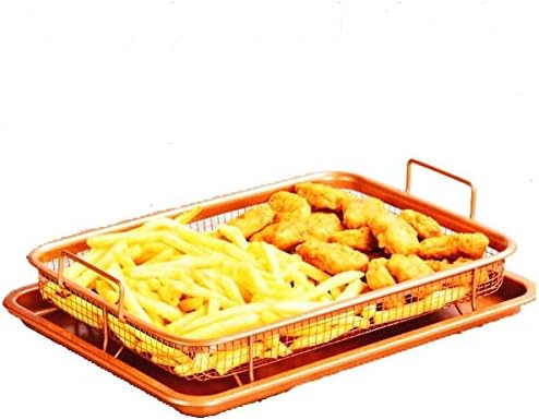 Copper Crisper Tray 2 pc Non-Stick Oven-Baking with Elevated Mesh Crisping Basket Easy Grip Handles, Dishwasher Safe - Comes with 2 Serving Baskets