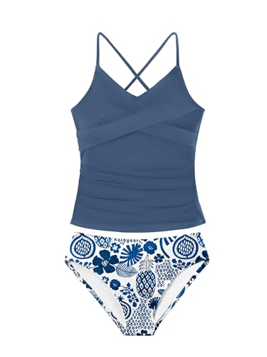 Image of Girls Swimsuit Tankini Criss Cross Ruched 2 Piece Bathing Suit Printed Girl Swimwear for Teens 9-16Y