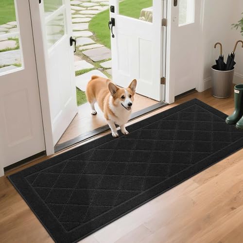 BEQHAUSE Dirt Trapper Door Mat 24" x 60", Doormat Non-Slip Entryway Rugs Washable, Dog Door Mat Stain Resistant and Absorbent Welcome Floor Mat for Front Back Door, Mud Wet Shoes & Paws, Bla