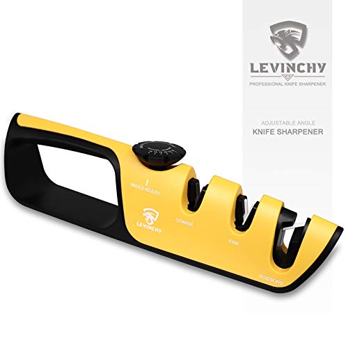 LEVINCHY Knife Sharpener 3in1 Professional Adjustable Angle Sharpeners for Knife and Scissor, Restore Blades Quickly and Safely, Yellow