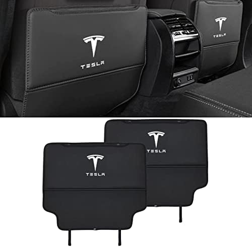 for Tesla Model 3/Y Back Seat Child Kick Mats, 2 Packs Seat Protector Mat, PU Leather Backseat Protector Cover Pad with Organizer Pockets
