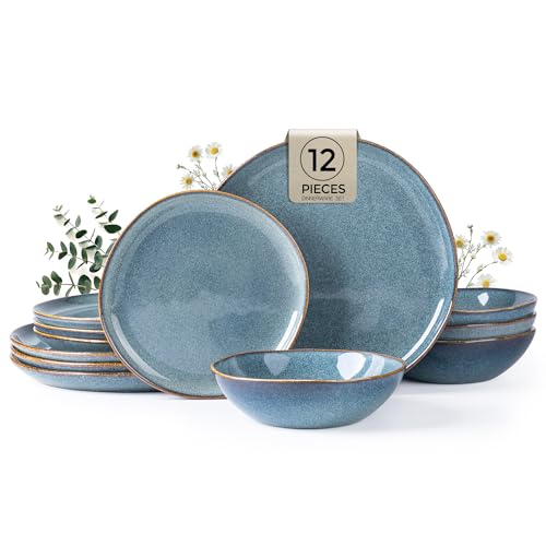 Image of AmorArc Ceramic Dinnerware Sets for 4, 12Pcs Plates and Bowls Sets Dishes | Stoneware Handmade Reactive Glaze Dinner Set, Highly Scratch Resistant | Dishwasher & Microwave Safe Dishware