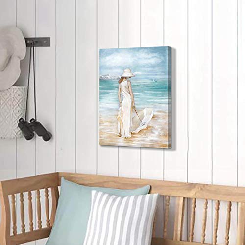Abstract Beach Artwork Ocean Picture: Modern Women With Umbrella Sea Print Coastal Wall Art On Canvas For Bedroom (24” X 18” X1 Panel) #TOP3