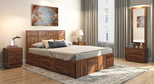 Image of SHRI MINTU'S ART Solid Sheesham Wood King Size Bed Without Storage | Wooden Double Bed Cot Bed for Bedroom Furniture | Palang Double Bed for Hotels | All (King, Brown Honey Finish)