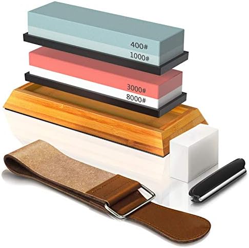 BRITOR Knife Sharpening Stone, Whetstones 400/1000 3000/8000 Grit, Includes Flattening Stone, Bamboo Base 2 Nonslip Rubber Bases, Angle Guide and Leather Strop Wet Stones for Sharpening Knives