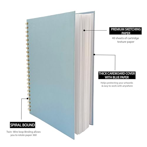 Image of Notehouse A4 Sketchbook Hard Bound Made for Artist 140 GSM Art Notebook (30x21 cm) | 80 White Unruled Pages | Thick Smooth Drawing Paper | Pastel Blue Hard Cover