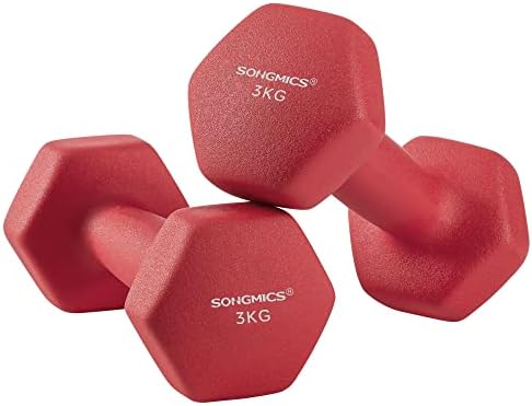SONGMICS Zestaw hantli 2 x 3 kg, z matową powłoką z neoprenu, antypoślizgowe, trening siłowy, do domu, czerwony SYL66RD