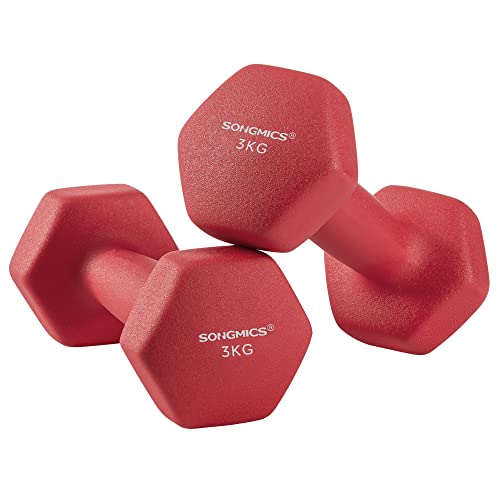 SONGMICS Zestaw hantli 2 x 3 kg, z matową powłoką z neoprenu, antypoślizgowe, trening siłowy, do domu, czerwony SYL66RD