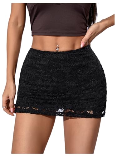 GORGLITTER Women's Lace Bodycon Mini Skirt Low Waist Slit Hem Sexy Skinny Party Skirts Black Large