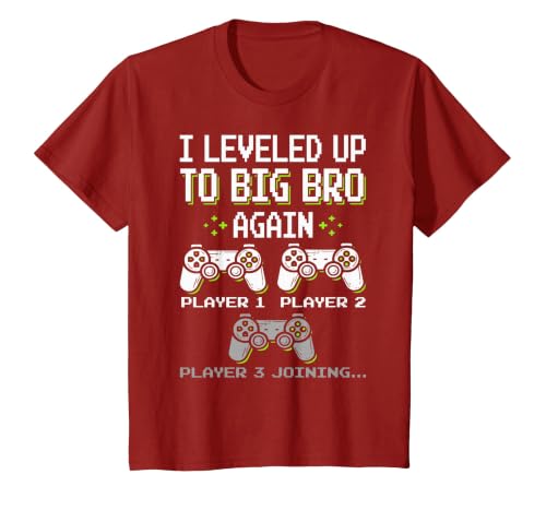 I Leveled Up to Big Bro Again Brother Gamer Funny Video Game T-Shirt, Youth, Cranberry Red, 4T