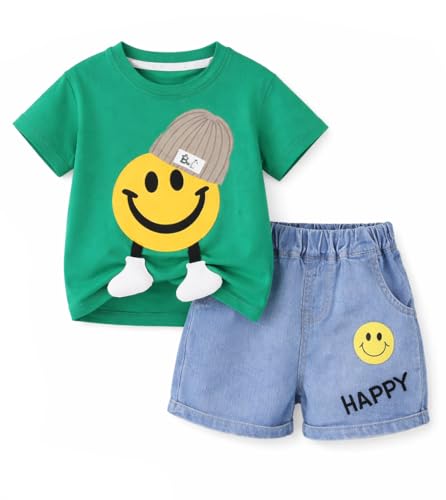 Image of Bold N Elegant Half Sleeve Pure Cotton Baby Boy Girl 3D Cartoon Smiley Animals T-Shirt with Denim Shorts Smart Casual Outfit for Infant Toddler Kids Upto 5 Years