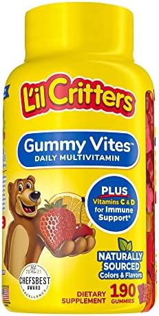 L'il Critters Gummy Vites Daily Kids Gummy multivitamin: Vitamins C, D3 and Zinc for Immune Support* 190 ct (95-190 day supply), 5 delicious flavors from America’s number one Kids Gummy Vitamin Brand