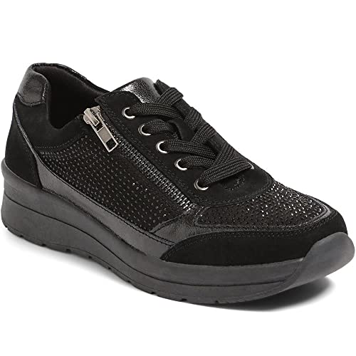 Image of Pavers Womens Wide Fit Lace-Up Leather Trainers Black Size 6