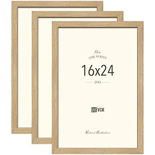 Image of VCK 16x24 Oak Wood Frame for Poster & Picture, Natural Solid Wood Photo Frames 3 Pack, Wall Gallery Frame