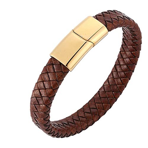 Ayoiow Bracelet Acier Inoxydable Homme Cuir Bracelet Tressé Marron Clair avec Boucle Dorée Bracelet Cuir pour Homme en Acier