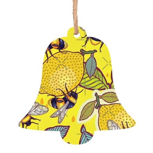 Rich&Rabbit Adornos de madera con estampado de limón amarillo y abeja en forma de campana, decoración del hogar