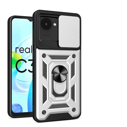 bojioderf Compatible with Realme C30 4G Case,Compatible with Realme Narzo 50i Prime 4G RMX3506 Magnetic Bracket [PC+TPU] 2 in 1 Slide Lens White