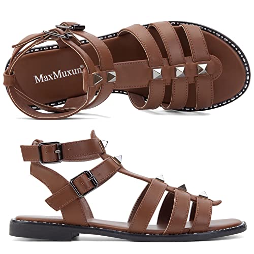 Maxmuxun Women's Gladiator Sandals Flat Open Toe Ankle Strap Studded Sandals Flats For Women Dressy Summer Brown 9 #TOP1