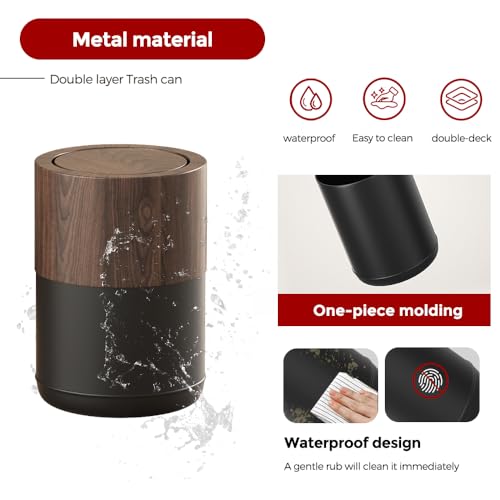 Image of 3.1 GAL Modern Metal Trash Can with Realistic Wood Texture,Built-in Bag Holder,Flip Lid,Small Bathroom Garbage Can for Bathroom,Home,Office,Living Room (3.1gal Swing lid)