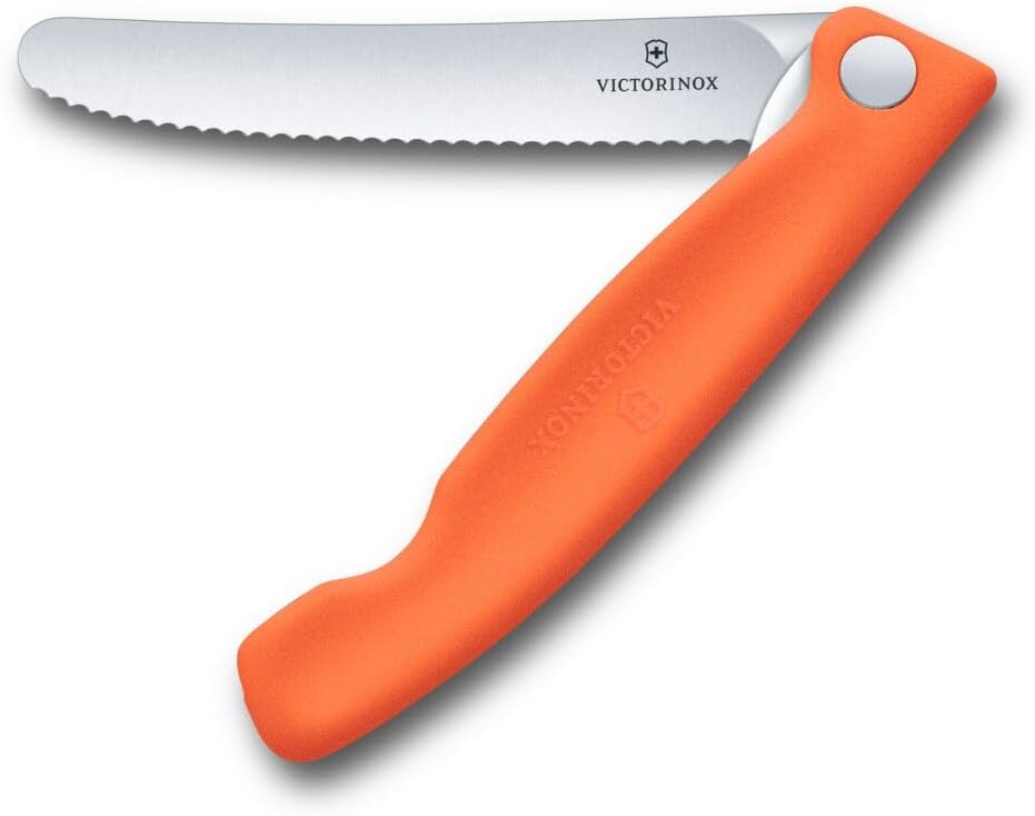 Victorinox Swiss Classic 4 Inch Folding Picnic Knife for Hiking, Fruits, Vegetables, Rolls, Sausage, Serrated Blade, Orange