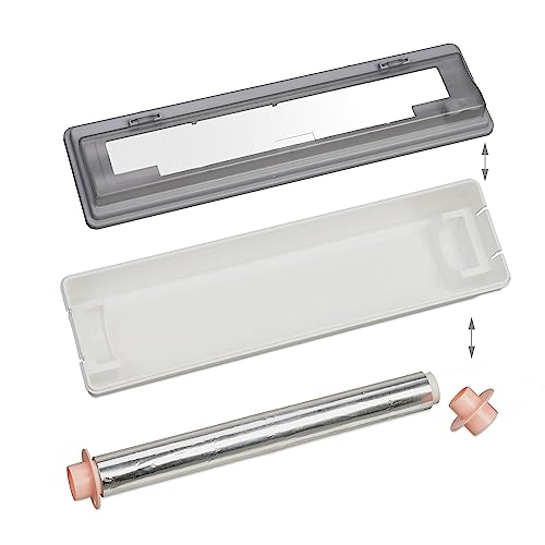 Relaxdays Folienschneider Küche, Folientrenner für Alu- & Frischhaltefolie, Folienspender Schublade & Wand, grau/weiß