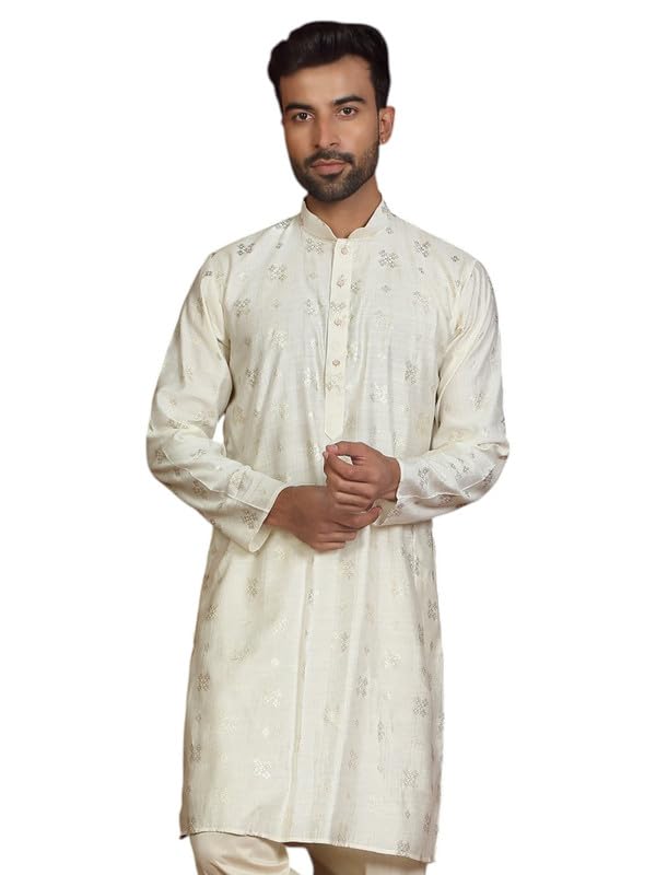 kraft india Men’s Cream Cotton Silk Printed Mandarin Collar Kurta-picture-16