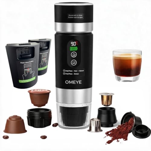 OMEYE Portable Espresso Maker for Camping Travel Office – 20 Bar Self-Heating Cordless Coffee Machine, LED Display, Dual 7500mAh Battery, USB-C, Compatible with Small/Large Capsules & Ground Coffee