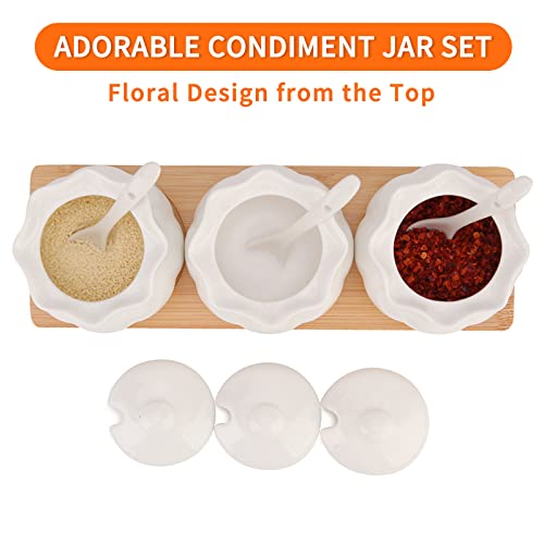 Kitchenexus Sugar Bowls Set, Condiment Jars Pots Set With Lids And Spoons Ceramic Salt Pepper Box Container, Canister Seasoning Box With Bamboo Tray 8.8 Ounce/260 Ml White #TOP2