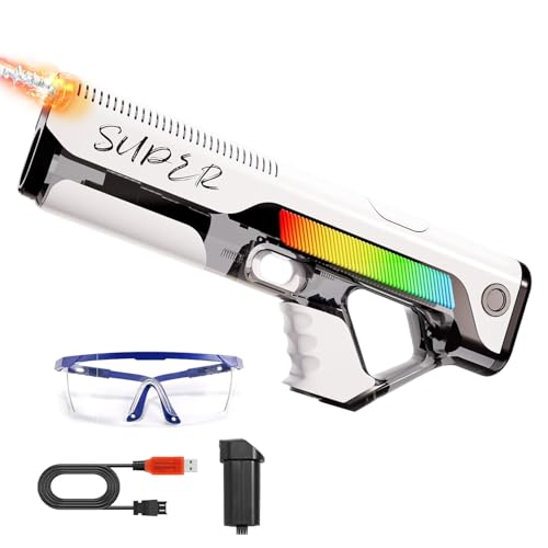 Pistola de Agua Eléctrica,Pistola de Agua de Largo Alcance con luz,Juguete de pulverización a Pilas con Tanque,para Verano Jardin Playa Piscinas Fiesta (Color Blanco)