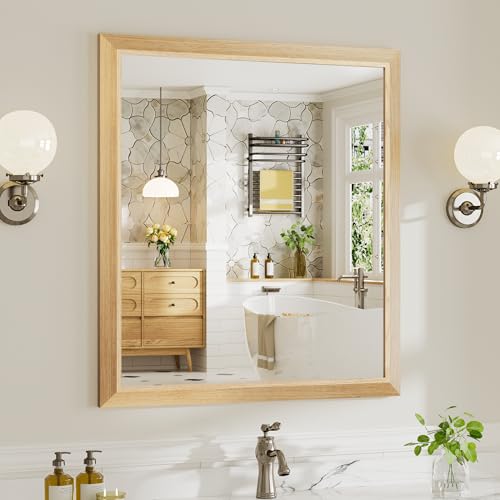 36x32 Inch Bathroom Mirror for Wall, Anti-Rust Oak Wood Grain Metal Framed Bathroom Mirrors for Over Sink,Rectangler Mirrors for Bathroom Vanity, Farmhouse, Bedroom, Living Room, Entryway Decor