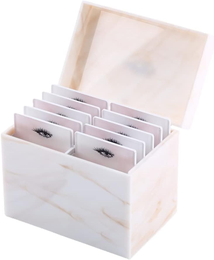 10 Layers Acrylic Eyelash Storage Box, Eyelash Holder Extension Tools, Makeup Organizer False Eyelashes Glue Pallet Holder, Grafting Eye Eyelashes Closely Packed Display with 10 Pallets (Yellow Marble