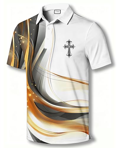 COOLLYME Men's Athletic Performance Polo Shirt, White with Gold Abstract Design, Cross Emblem, Short Sleeve Golf Shirt, Religious Sports Theme