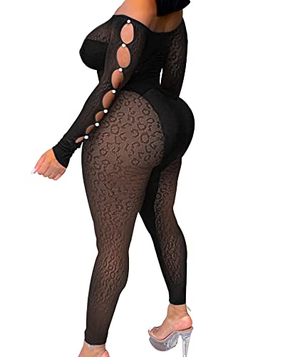 Xxxiticat Women's Off The Shoulder Jumpsuit Long Sleeve Sheer Mesh Hollow Out Leopard Print Bodycon One Piece Overalls(Bl,M) #TOP2