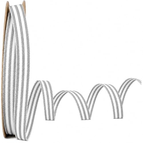 3/8" Gray & White Taffy Striped Grosgrain Ribbon - 100 Yards - USA | American Made